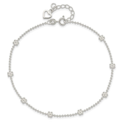 Sterling Silver 9In Plus 1In Ext Polished Flower Anklet