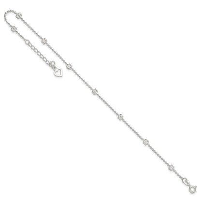 Sterling Silver 9In Plus 1In Ext Polished Flower Anklet