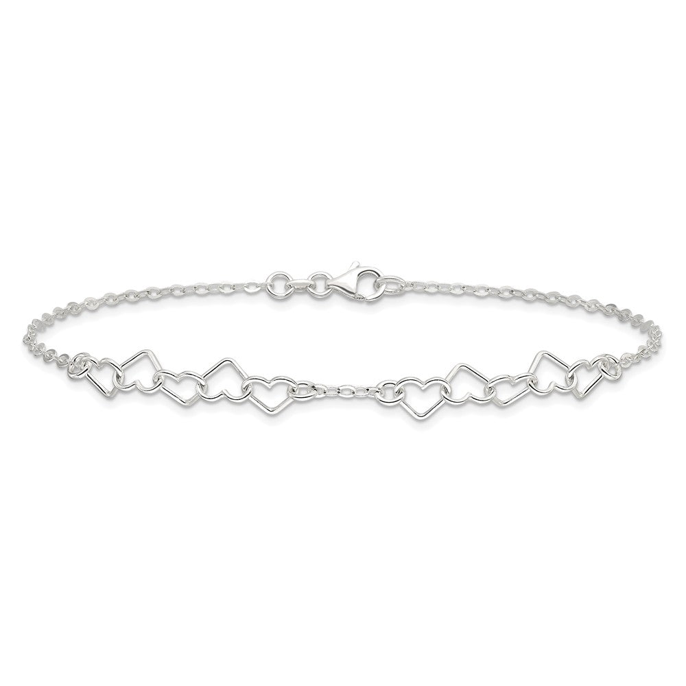 Sterling Silver 9Inch Polished Fancy Heart Link Anklet