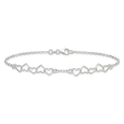 Sterling Silver 9Inch Polished Fancy Heart Link Anklet