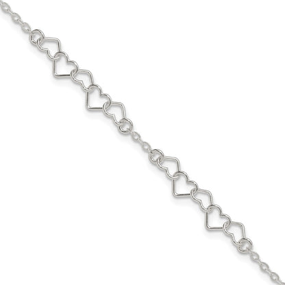 Sterling Silver 10Inch Polished Fancy Heart Link Anklet