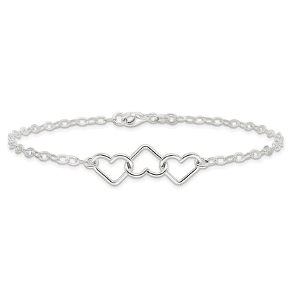 Sterling Silver 10Inch Solid Polished Fancy Heart Link Anklet