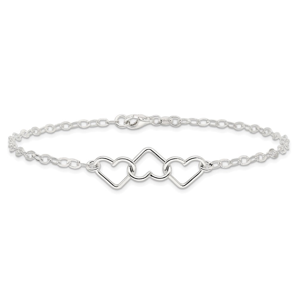 Sterling Silver 9Inch Solid Polished Fancy Heart Link Anklet