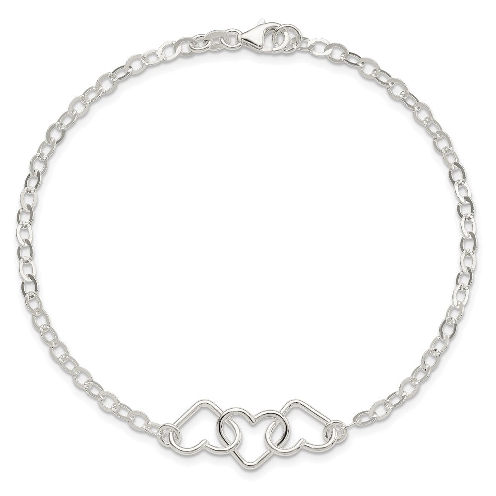 Sterling Silver 9Inch Solid Polished Fancy Heart Link Anklet