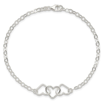 Sterling Silver 9Inch Solid Polished Fancy Heart Link Anklet