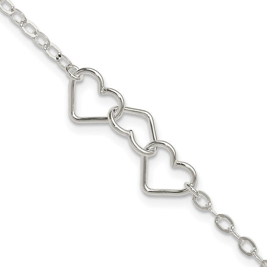 Sterling Silver 10Inch Solid Polished Fancy Heart Link Anklet