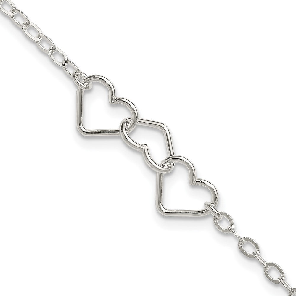 Sterling Silver 9Inch Solid Polished Fancy Heart Link Anklet