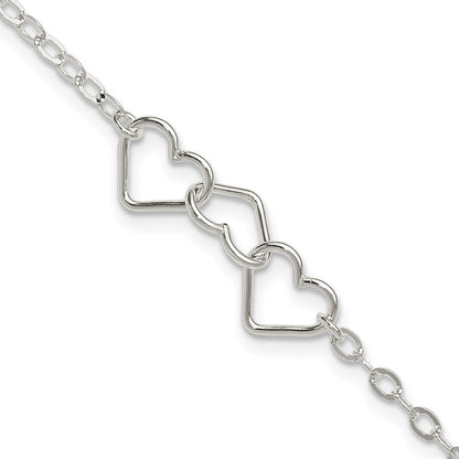 Sterling Silver 9Inch Solid Polished Fancy Heart Link Anklet