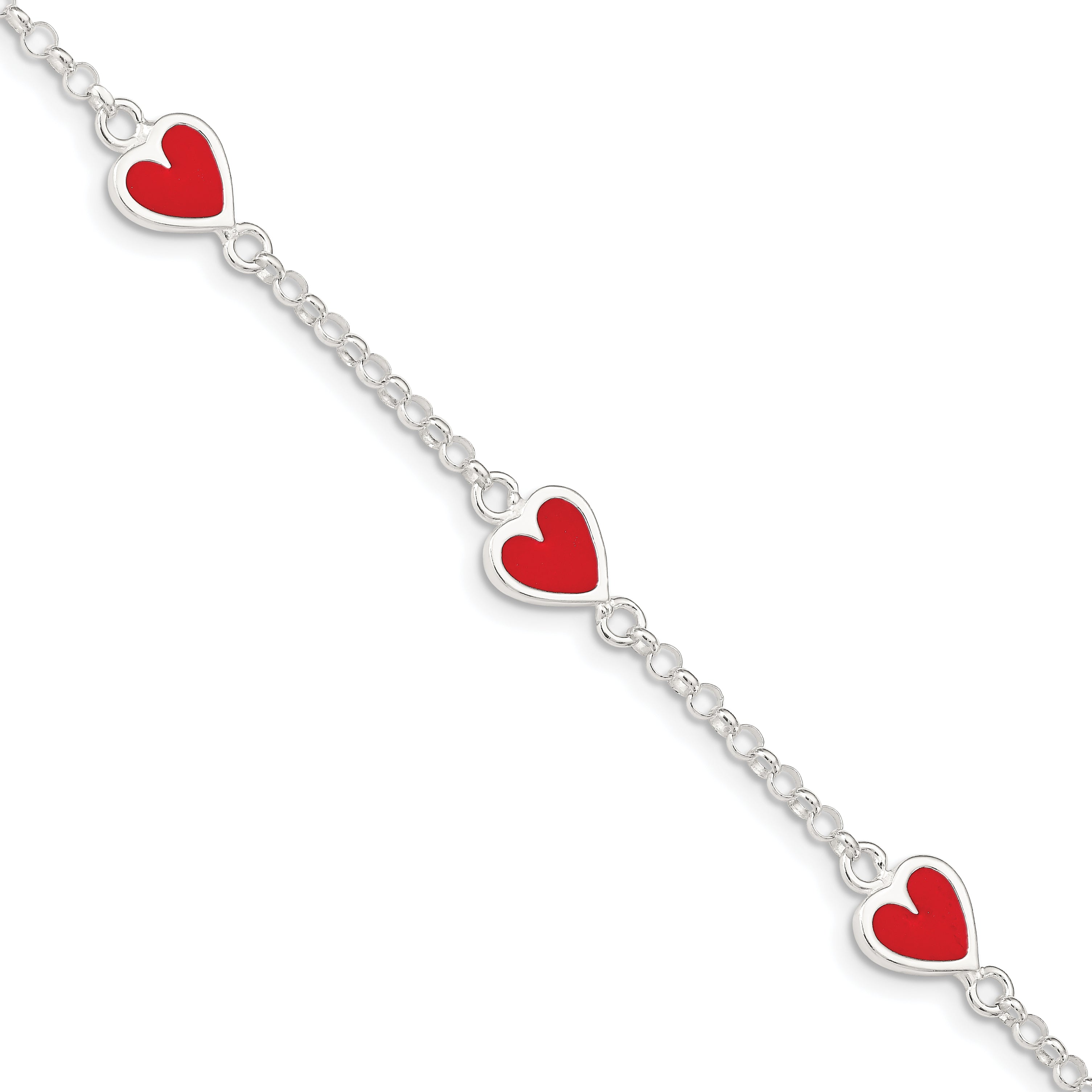 6 Inch Sterling Silver Polished & Red Enamel Heart W/ 1In Ext Children'S Bracelet