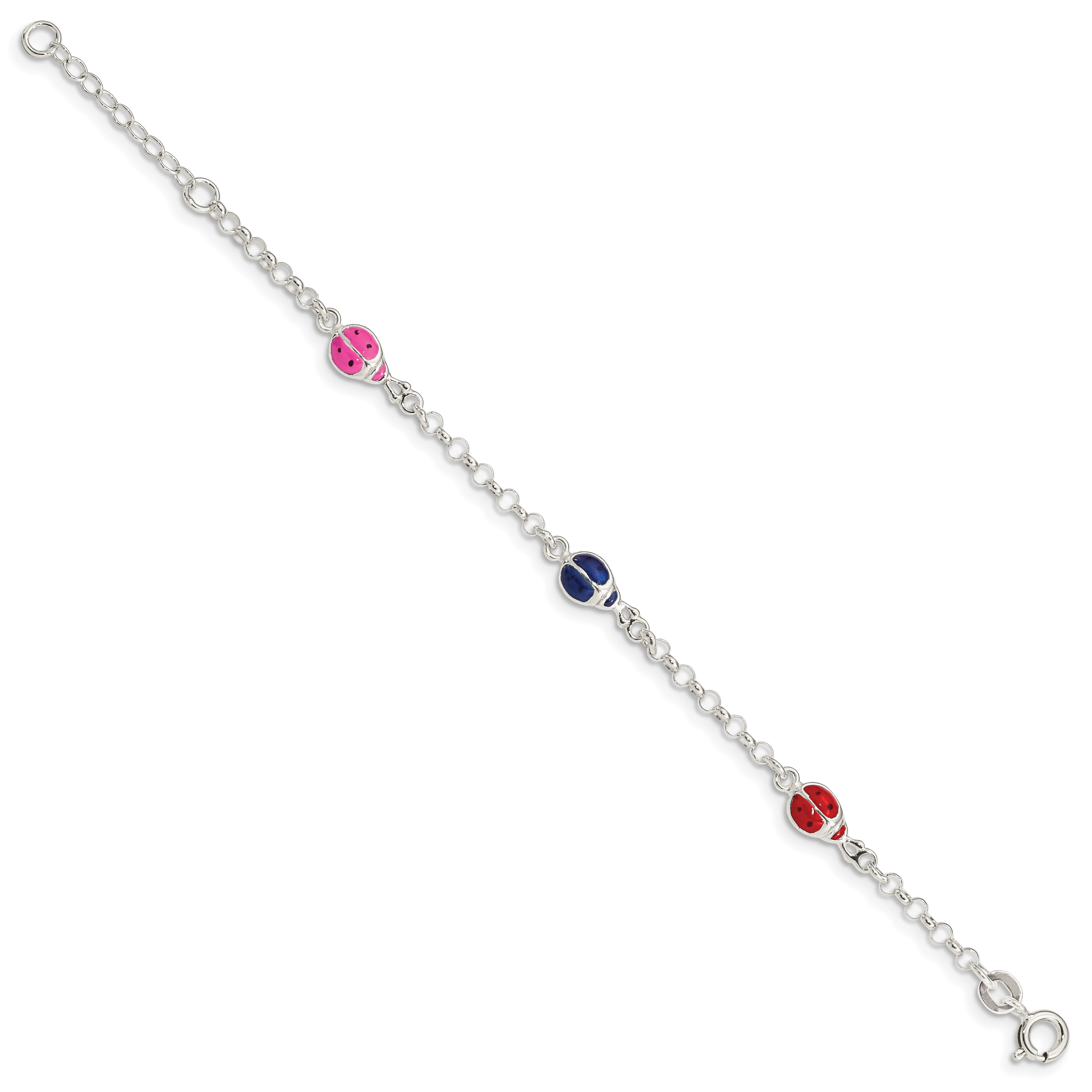 6 Inch Sterling Silver Multi-Color Enamel Ladybugs W/ 1In Ext. Children'S Bracelet