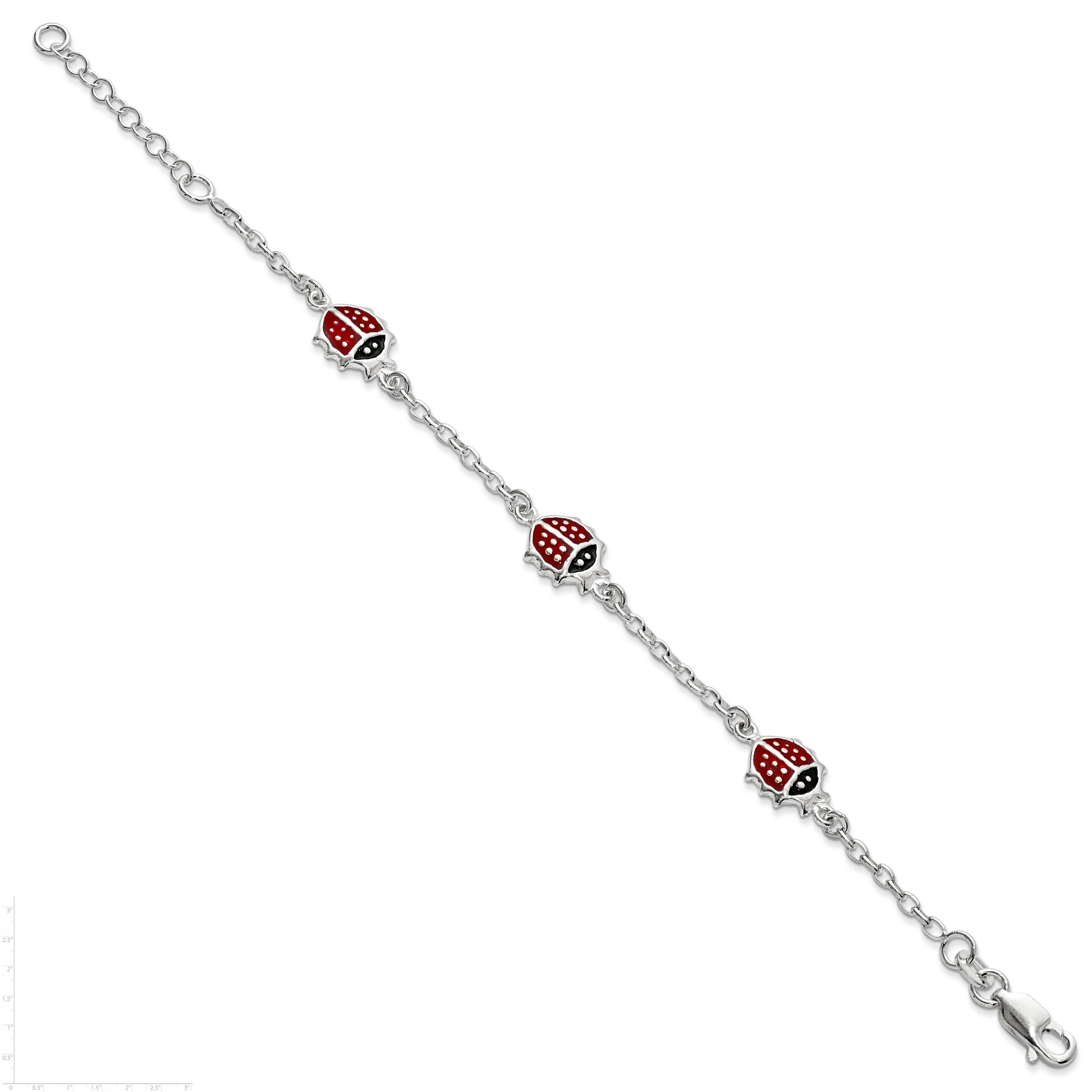6 Inch Sterling Silver Multi-Color Enamel Ladybugs W/ 1In Ext. Children'S Bracelet