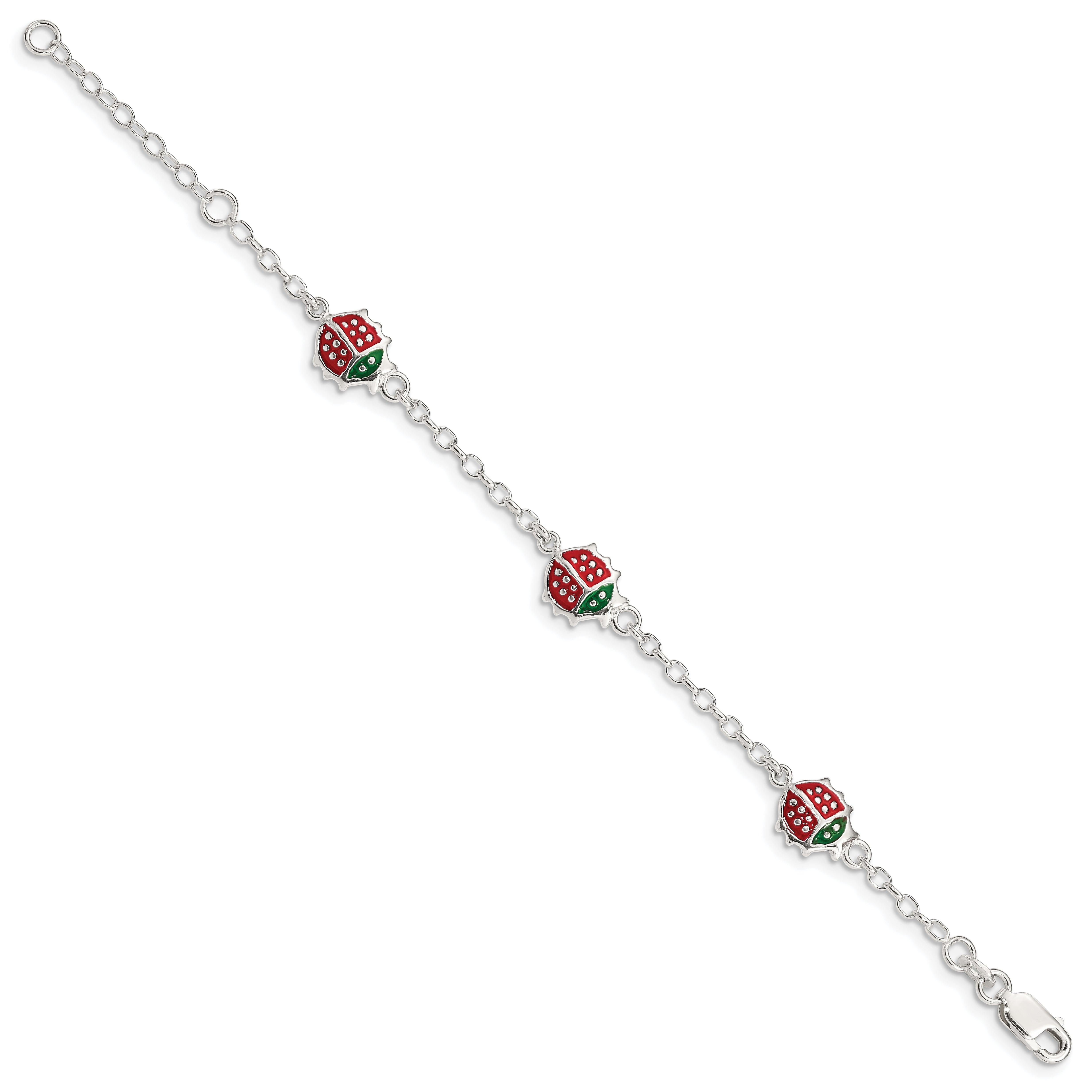6 Inch Sterling Silver Multi-Color Enamel Ladybugs W/ 1In Ext. Children'S Bracelet