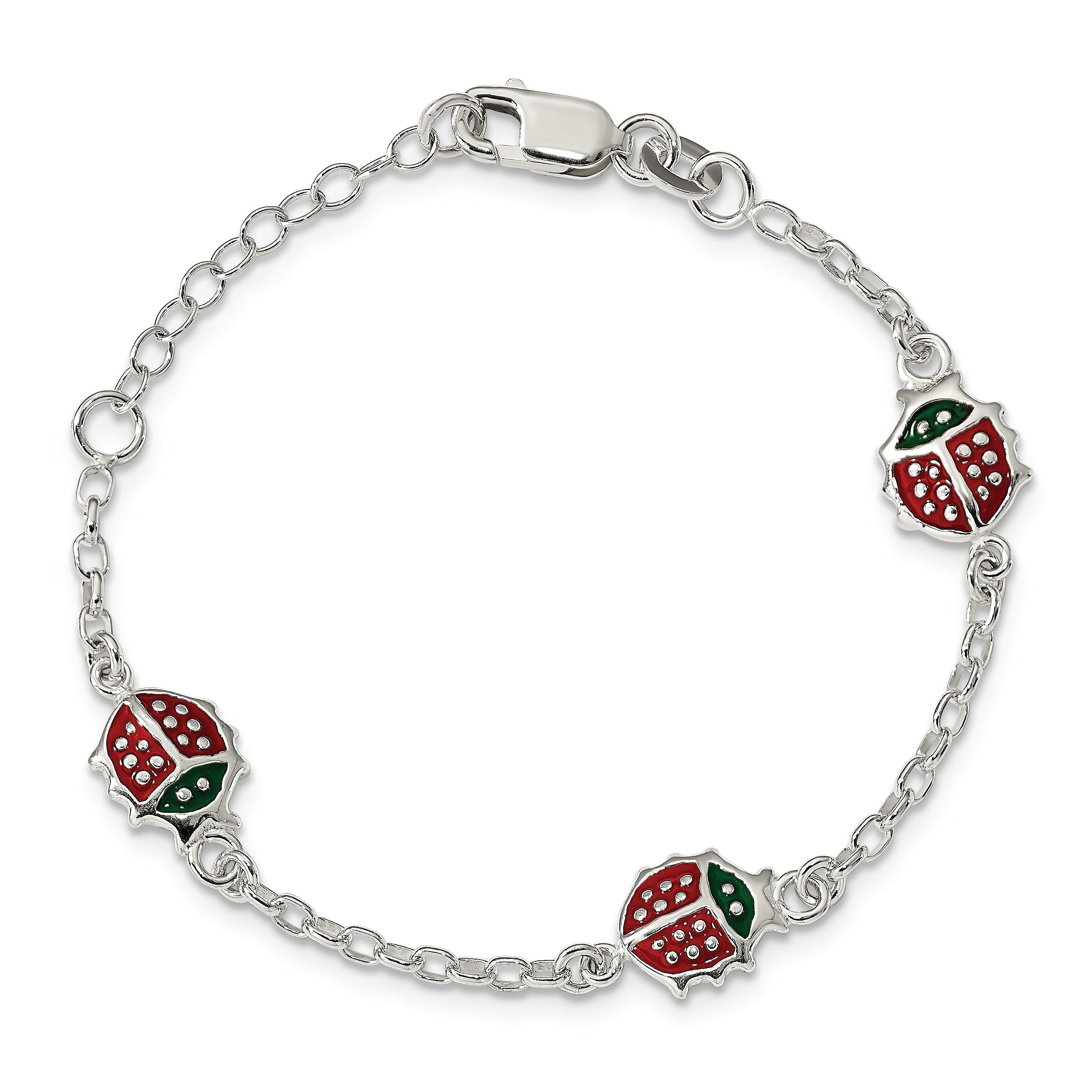 6 Inch Sterling Silver Multi-Color Enamel Ladybugs W/ 1In Ext. Children'S Bracelet