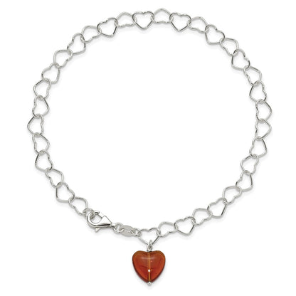Sterling Silver Link Orange Synthetic Crystal Stone Heart Anklet