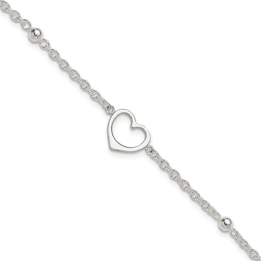 Sterling Silver 9In Plus 1 In Ext Heart Anklet