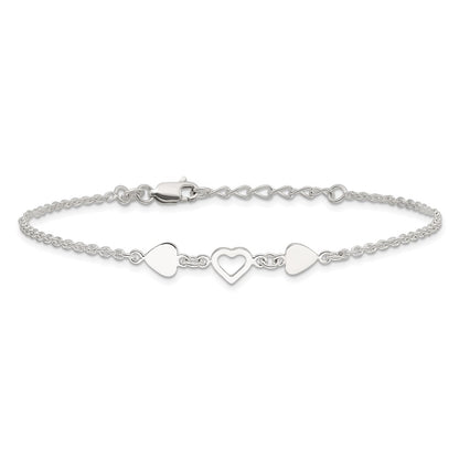 Sterling Silver 8 Inch Plus 1In Ext.Heart Link Anklet