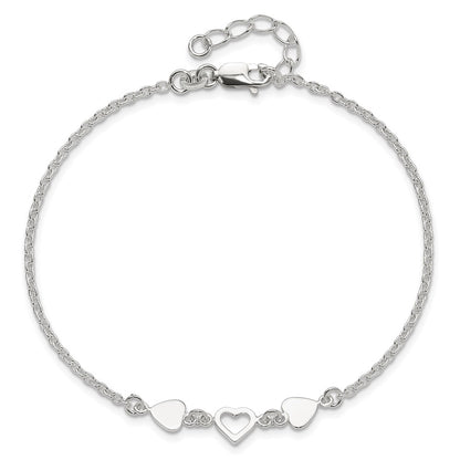 Sterling Silver 8 Inch Plus 1In Ext.Heart Link Anklet