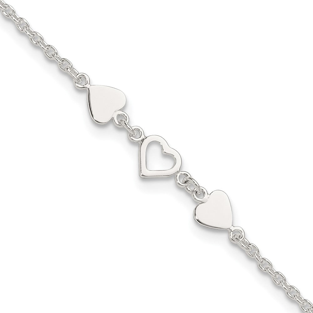 Sterling Silver 8 Inch Plus 1In Ext.Heart Link Anklet