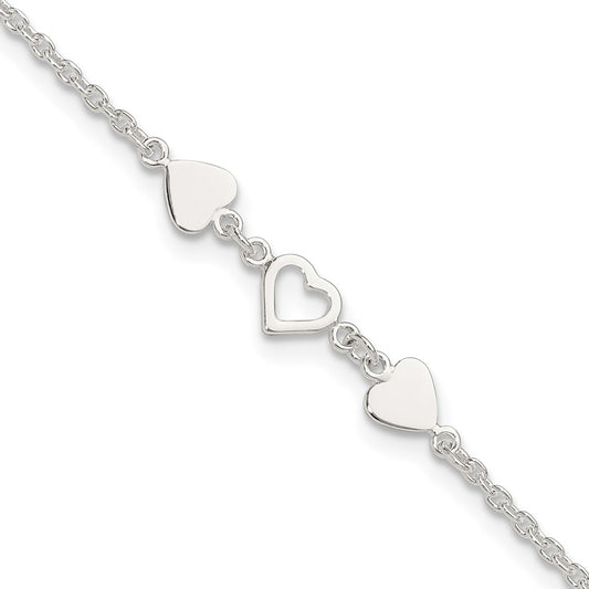 Sterling Silver 8 Inch Plus 1In Ext.Heart Link Anklet
