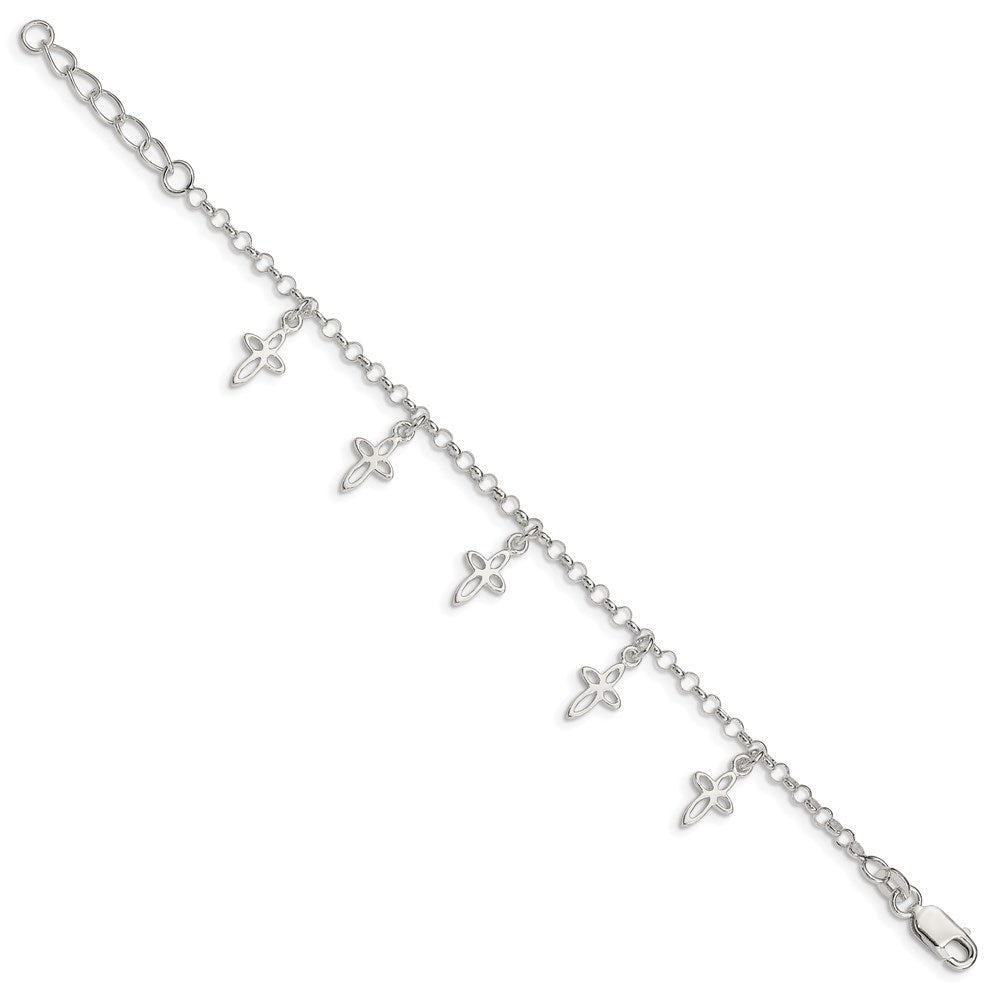 6 Inch Sterling Silver Polished Cross Charms With 1In Ext. Children'S Bracelet