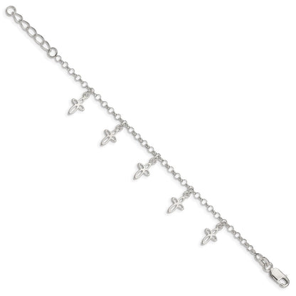 6 Inch Sterling Silver Polished Cross Charms With 1In Ext. Children'S Bracelet
