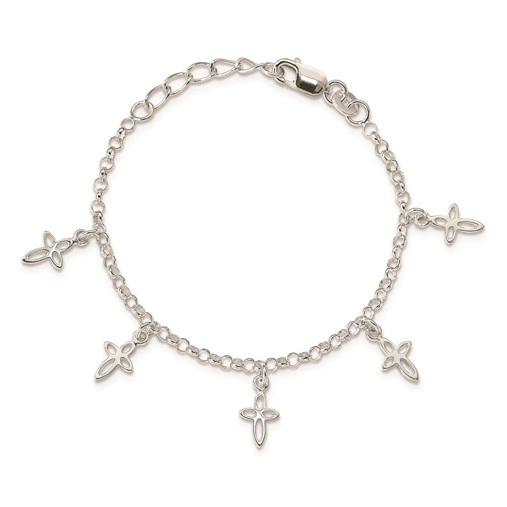 6 Inch Sterling Silver Polished Cross Charms With 1In Ext. Children'S Bracelet
