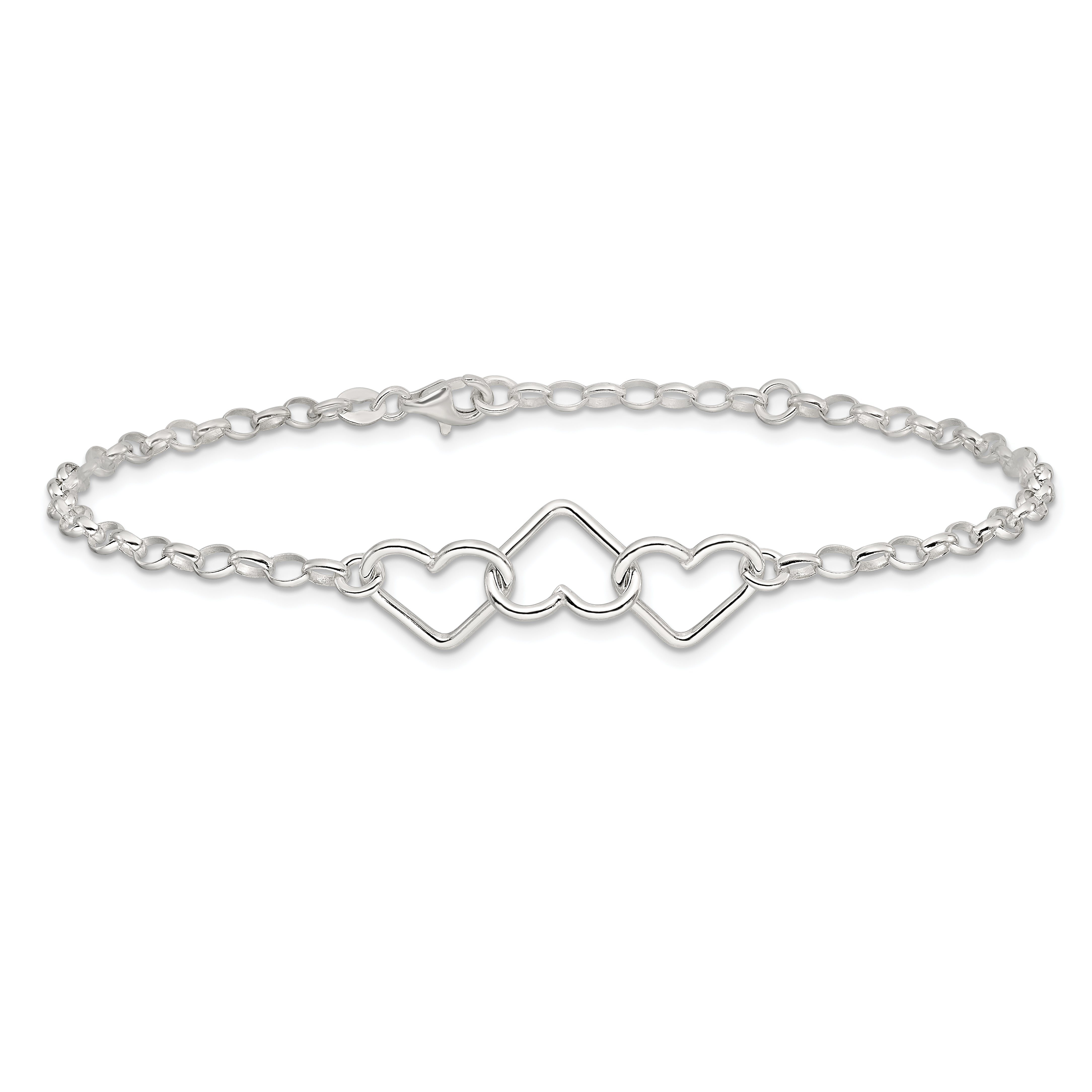 8 Inch Sterling Silver In Plus 1In Ext Interlocking Hearts Rolo Chain Anklet