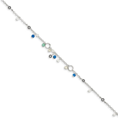 Sterling Silver Turquoise/Clear Bead/Fw Cultured Pearl Anklet