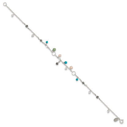 Sterling Silver Turquoise/Clear Bead/Fw Cultured Pearl Anklet