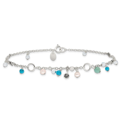 Sterling Silver Turquoise/Clear Bead/Fw Cultured Pearl Anklet
