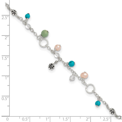 Sterling Silver Turquoise/Clear Bead/Fw Cultured Pearl Anklet
