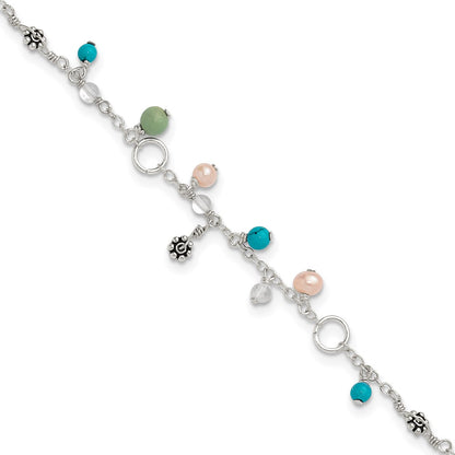 Sterling Silver Turquoise/Clear Bead/Fw Cultured Pearl Anklet