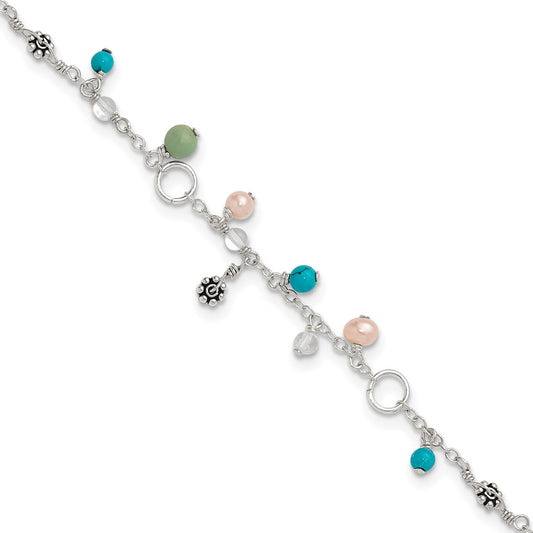 Sterling Silver Turquoise/Clear Bead/Fw Cultured Pearl Anklet