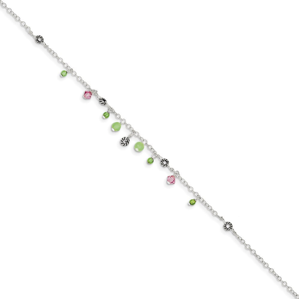 Sterling Silver 9In Pink Crystal Green Quartz Peridot Beads Anklet