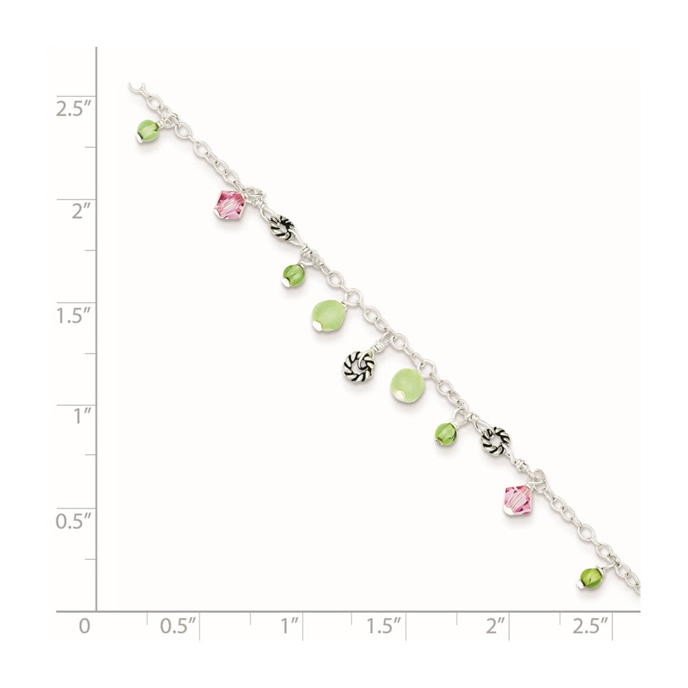 Sterling Silver 9In Pink Crystal Green Quartz Peridot Beads Anklet