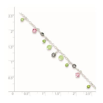 Sterling Silver 9In Pink Crystal Green Quartz Peridot Beads Anklet