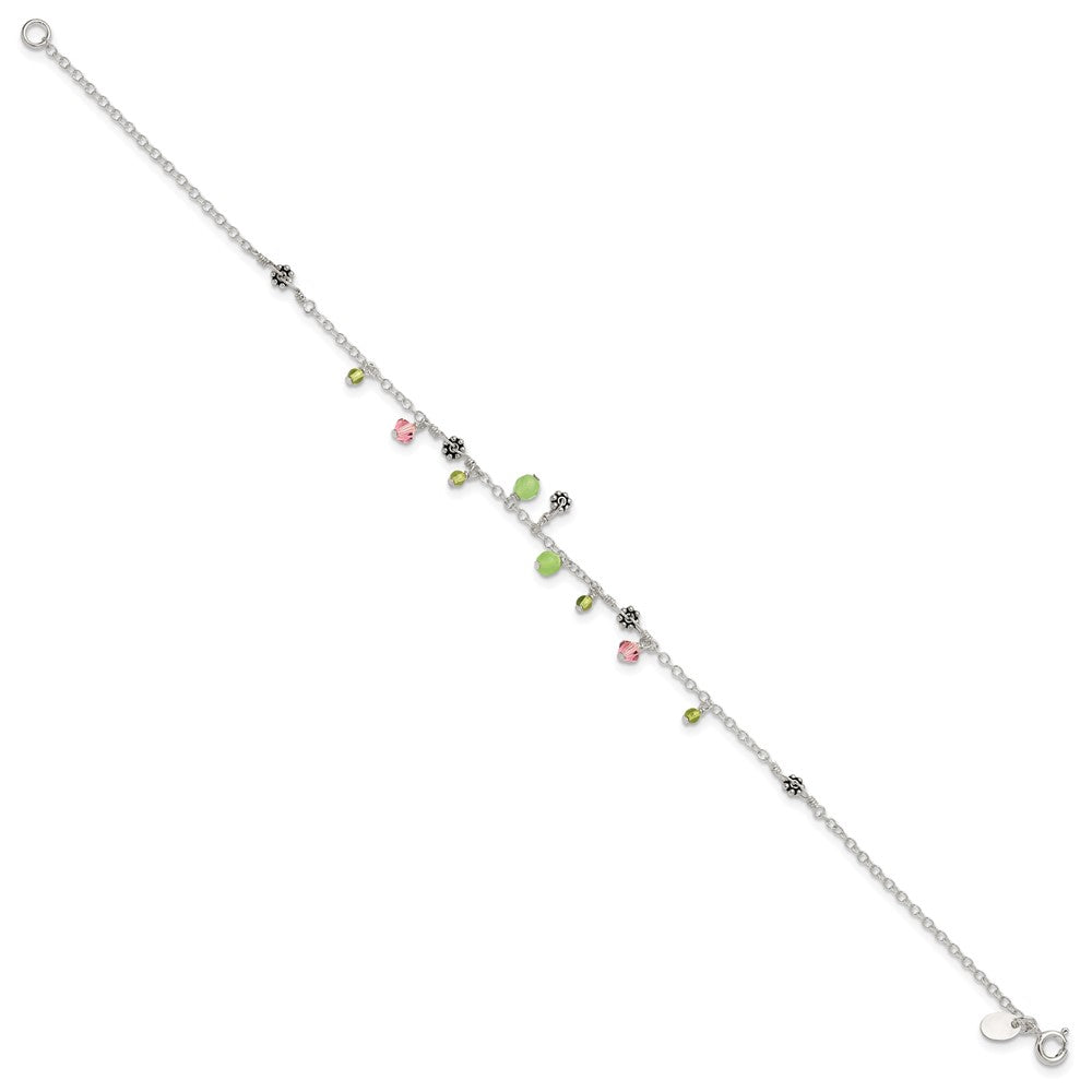 Sterling Silver 9In Pink Crystal Green Quartz Peridot Beads Anklet