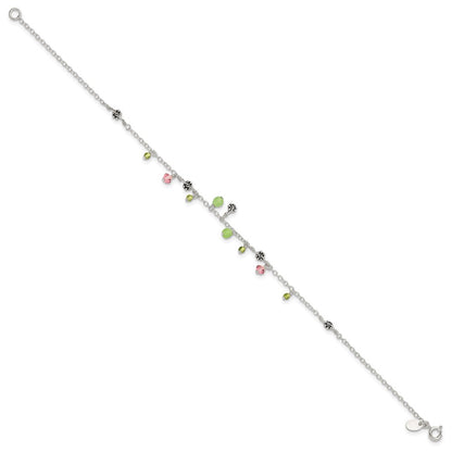 Sterling Silver 9In Pink Crystal Green Quartz Peridot Beads Anklet