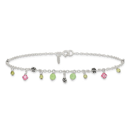 Sterling Silver 9In Pink Crystal Green Quartz Peridot Beads Anklet