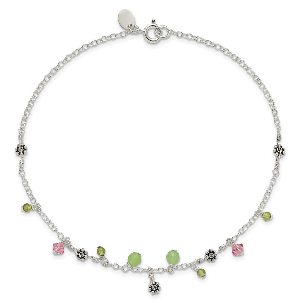 Sterling Silver 9In Pink Crystal Green Quartz Peridot Beads Anklet