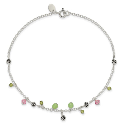 Sterling Silver 9In Pink Crystal Green Quartz Peridot Beads Anklet