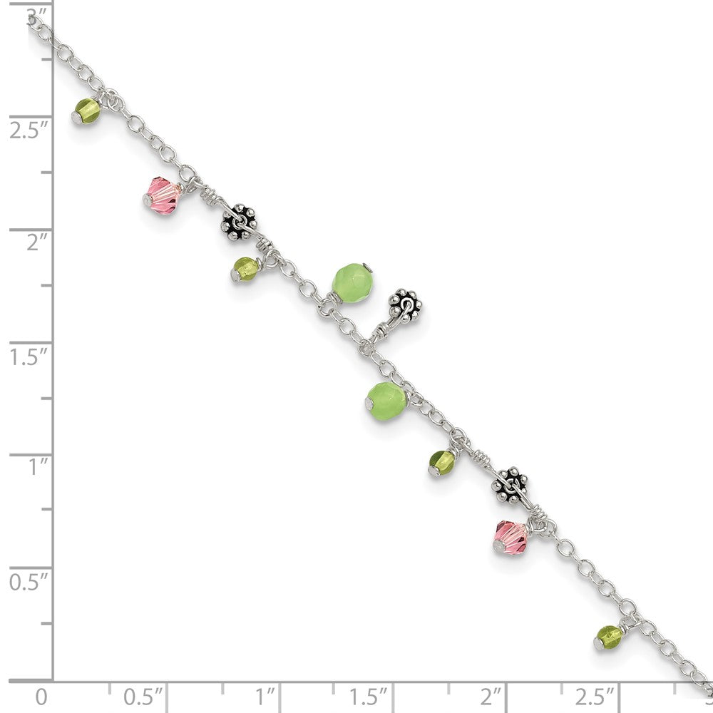 Sterling Silver 9In Pink Crystal Green Quartz Peridot Beads Anklet