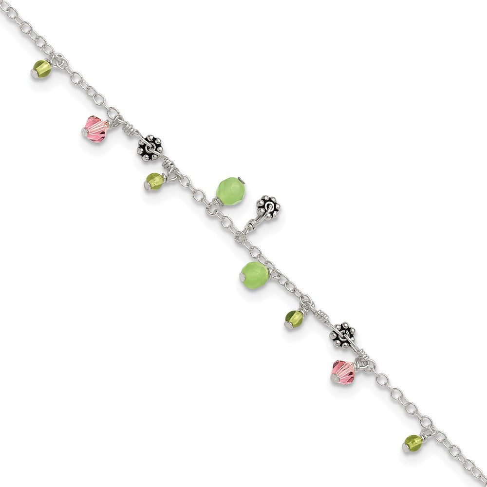 Sterling Silver 9In Pink Crystal Green Quartz Peridot Beads Anklet