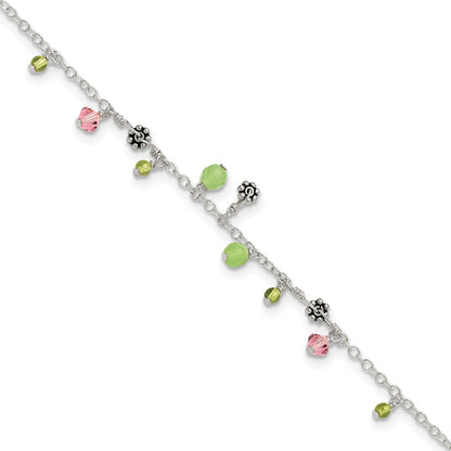 Sterling Silver 9In Pink Crystal Green Quartz Peridot Beads Anklet