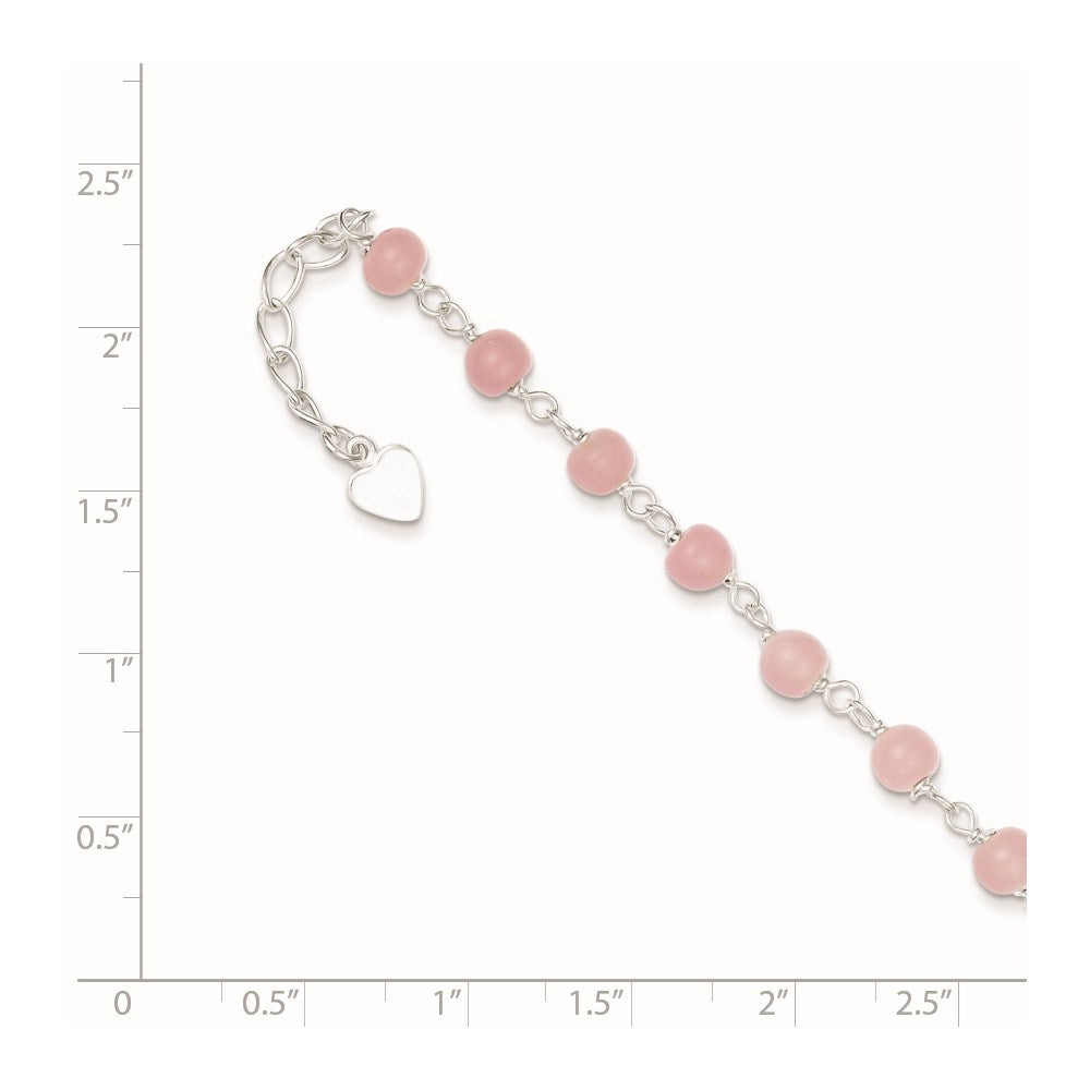 Sterling Silver Pink Glass Bead With Heart 8In Plus 1In Ext Anklet