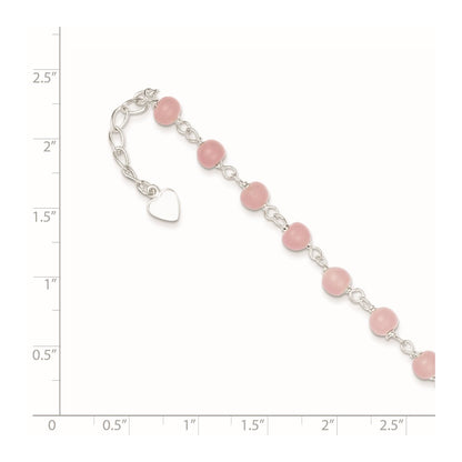 Sterling Silver Pink Glass Bead With Heart 8In Plus 1In Ext Anklet