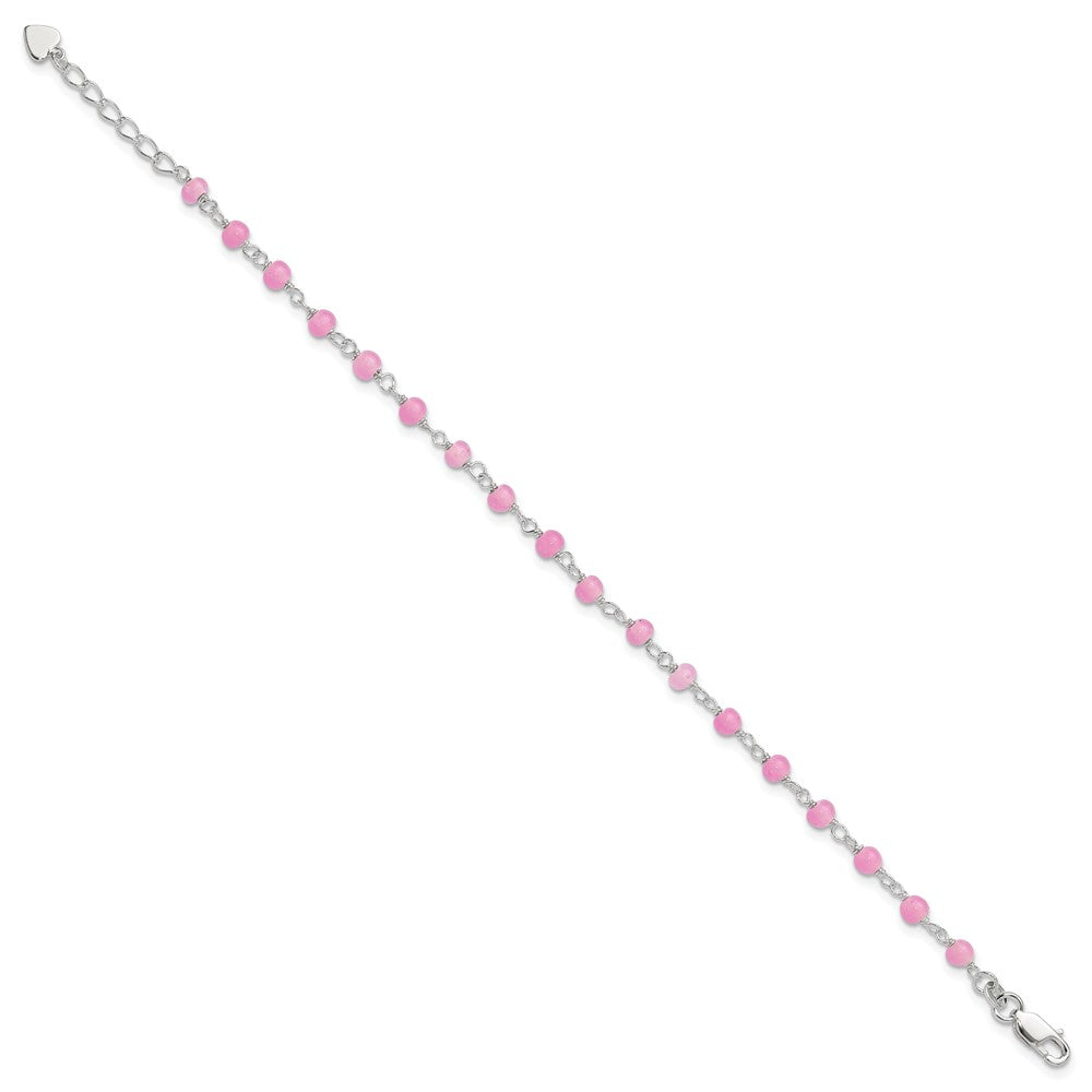 Sterling Silver Pink Glass Bead With Heart 8In Plus 1In Ext Anklet