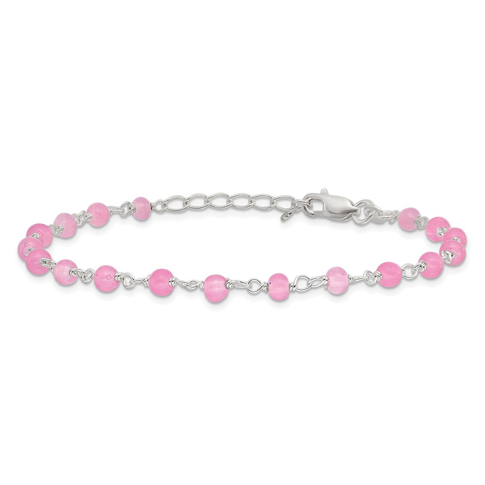 Sterling Silver Pink Glass Bead With Heart 8In Plus 1In Ext Anklet