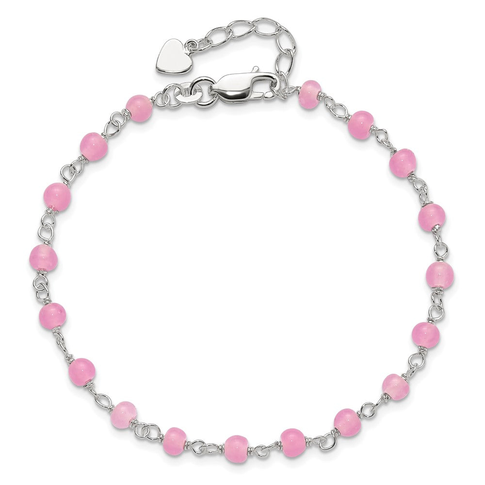 Sterling Silver Pink Glass Bead With Heart 8In Plus 1In Ext Anklet