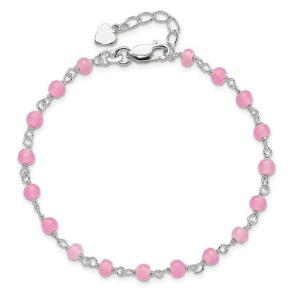 Sterling Silver Pink Glass Bead With Heart 8In Plus 1In Ext Anklet